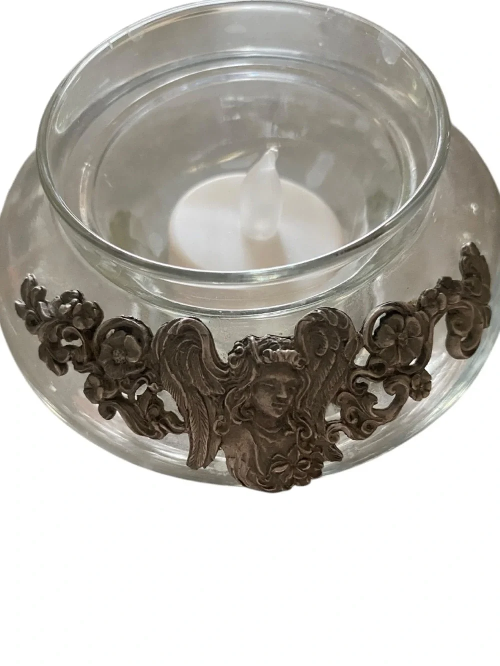 vintage 90s  Pewter Angel  Decorative potpourri Glass Trinket Bowl candle holder